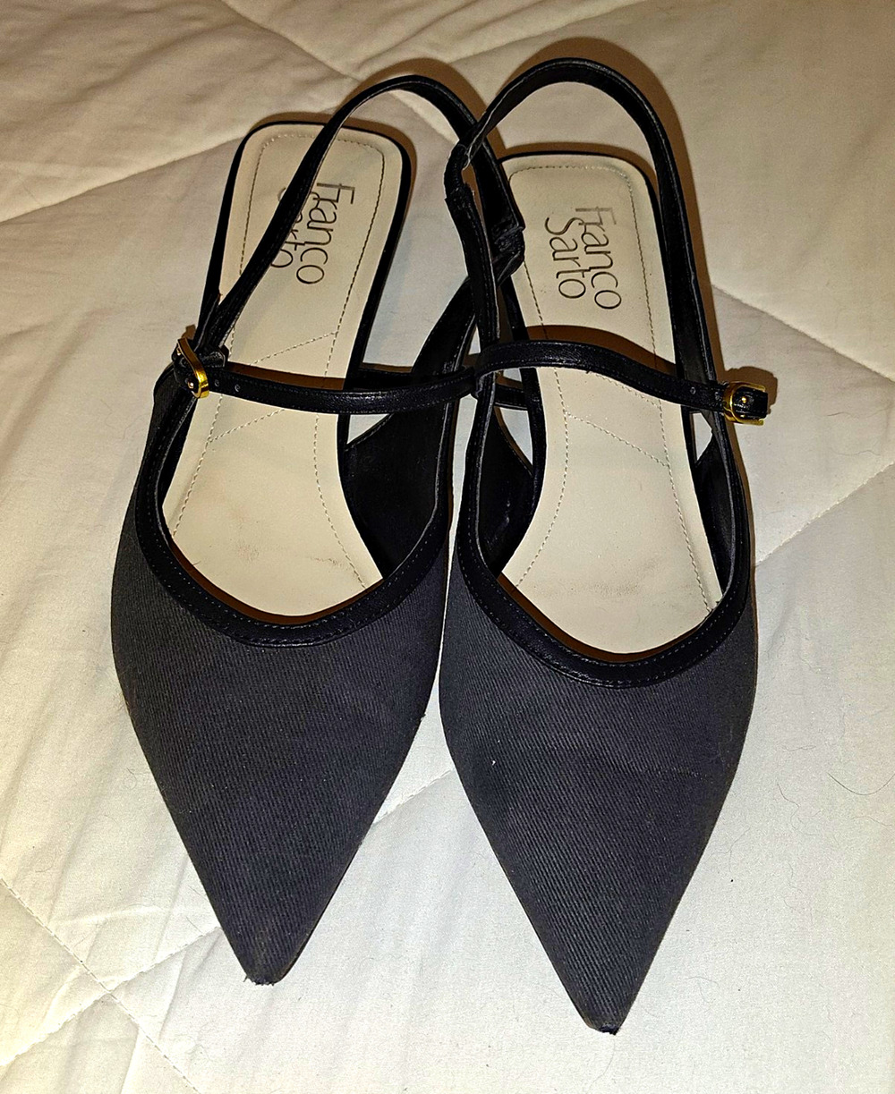 Franco Sarto Black Fabric Slingback Pointed Toe Ankle Strap Block Heel 8.5